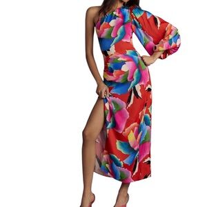 FARM Rio x Anthropologie One Shoulder Ruched Faux Wrap Floral Midi Dress X Small
